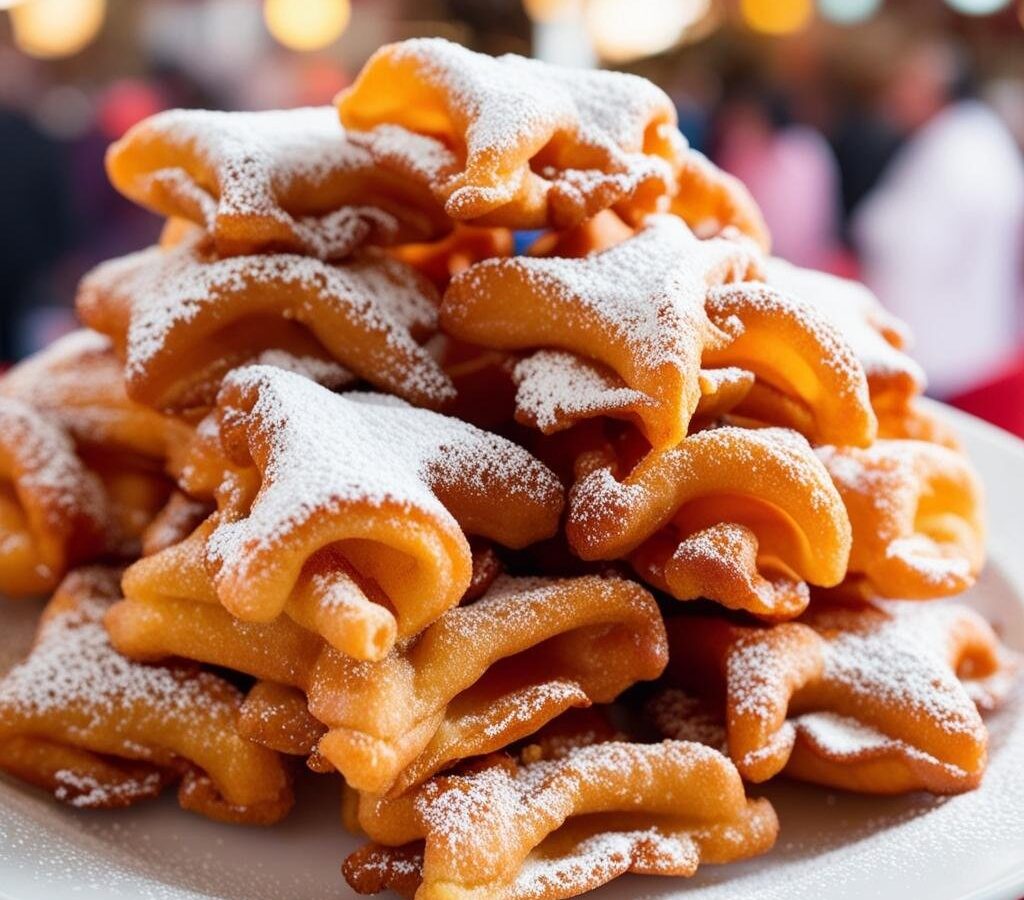 Chiacchiere, dolce tipico del Carnevale italiano cosparse di zucchero a velo.