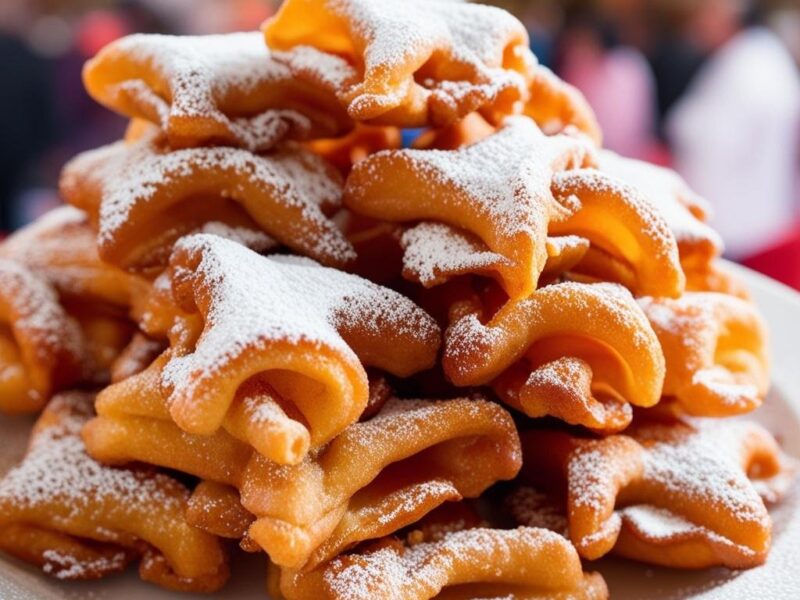 Chiacchiere, dolce tipico del Carnevale italiano cosparse di zucchero a velo.