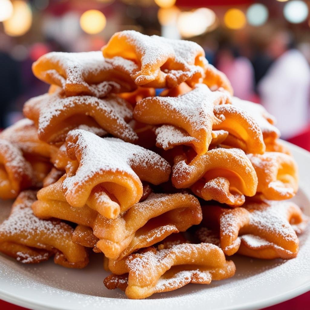 Chiacchiere, dolce tipico del Carnevale italiano cosparse di zucchero a velo.